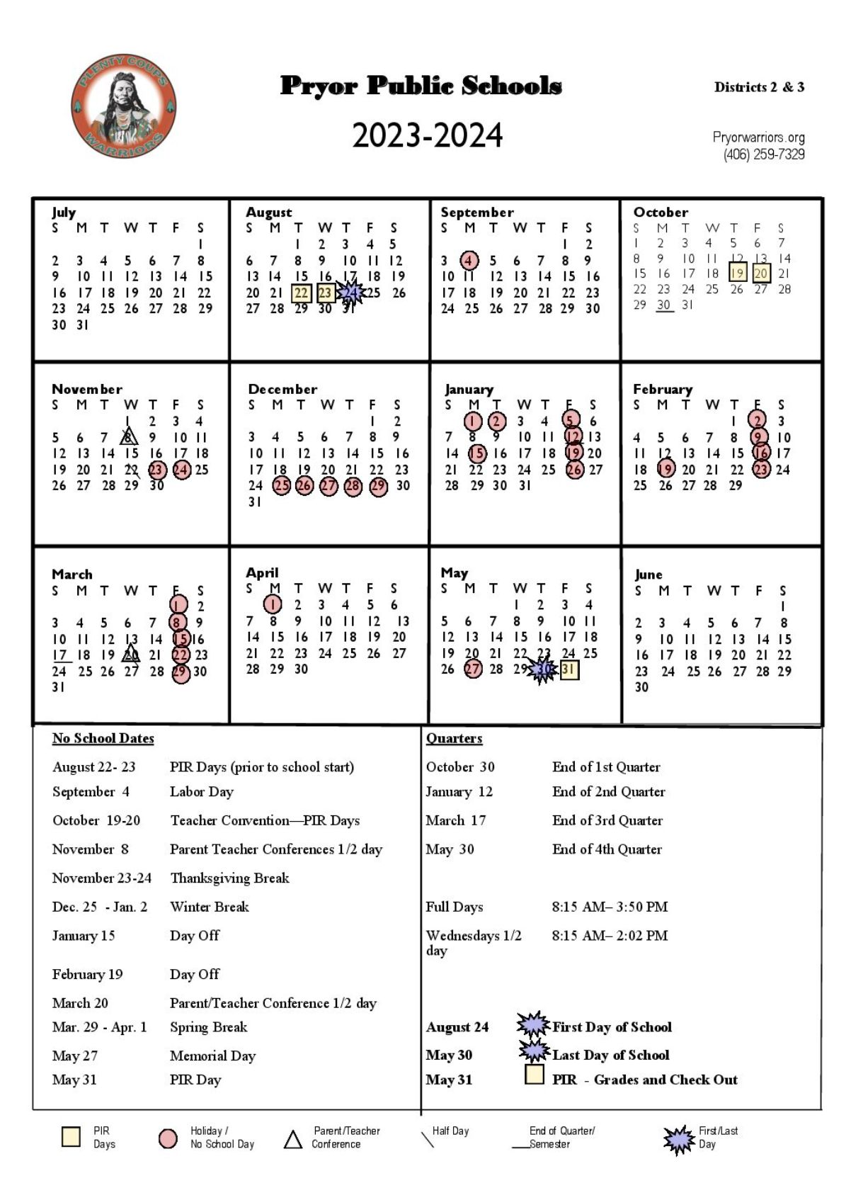 2023-2024 school Calendar Pryor Public School