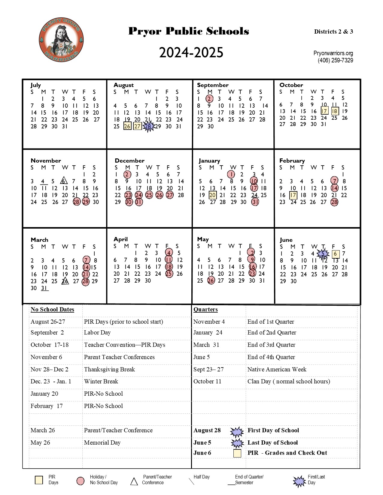 School Calendar 2024-2025 Pryor Public School