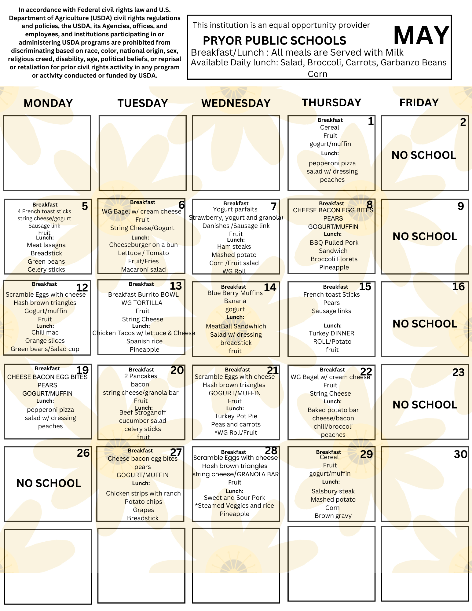 Nutrition Menu Pryor Warriors Montana  Public Schools