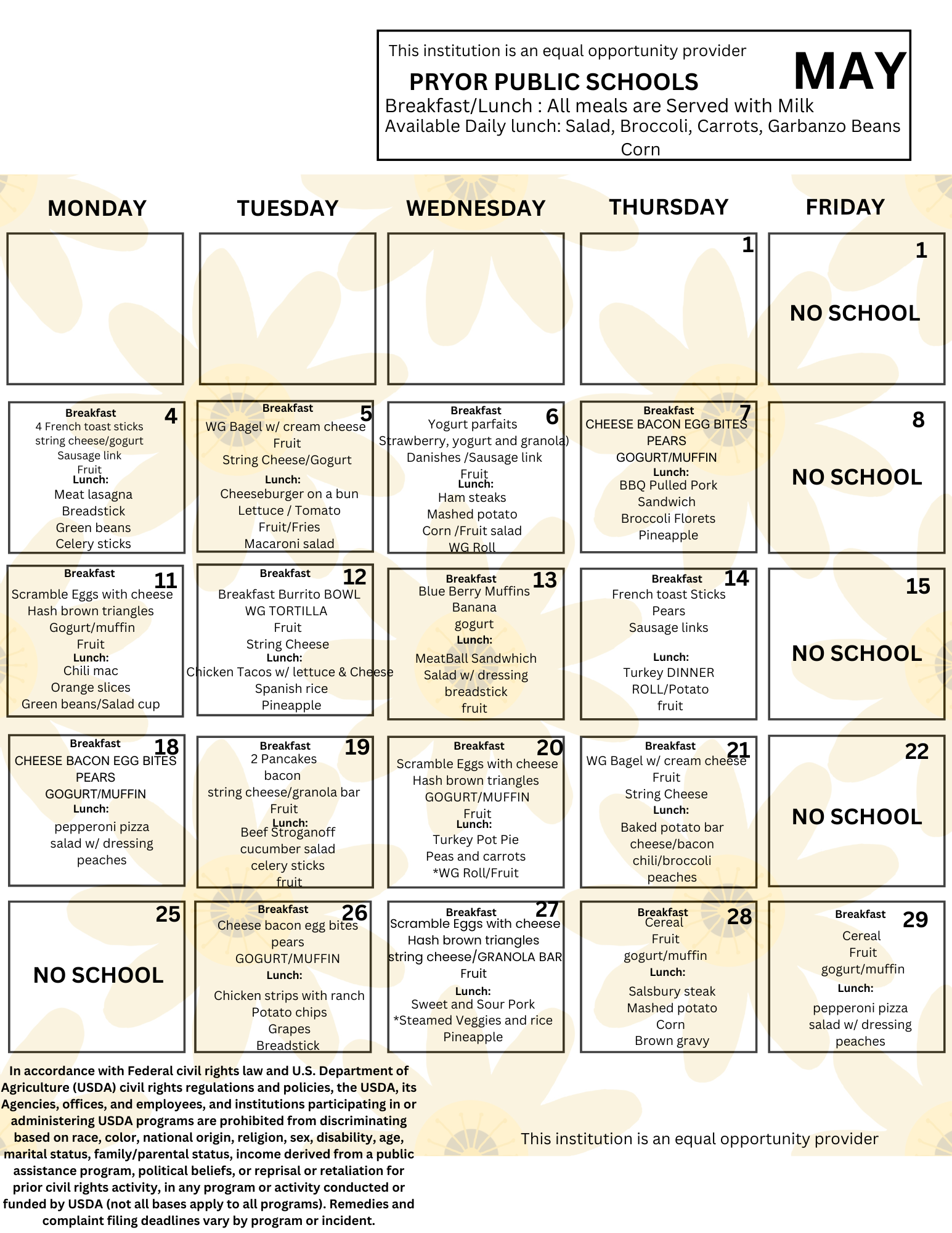 May nutrition menu Pryor Public Schools Montana