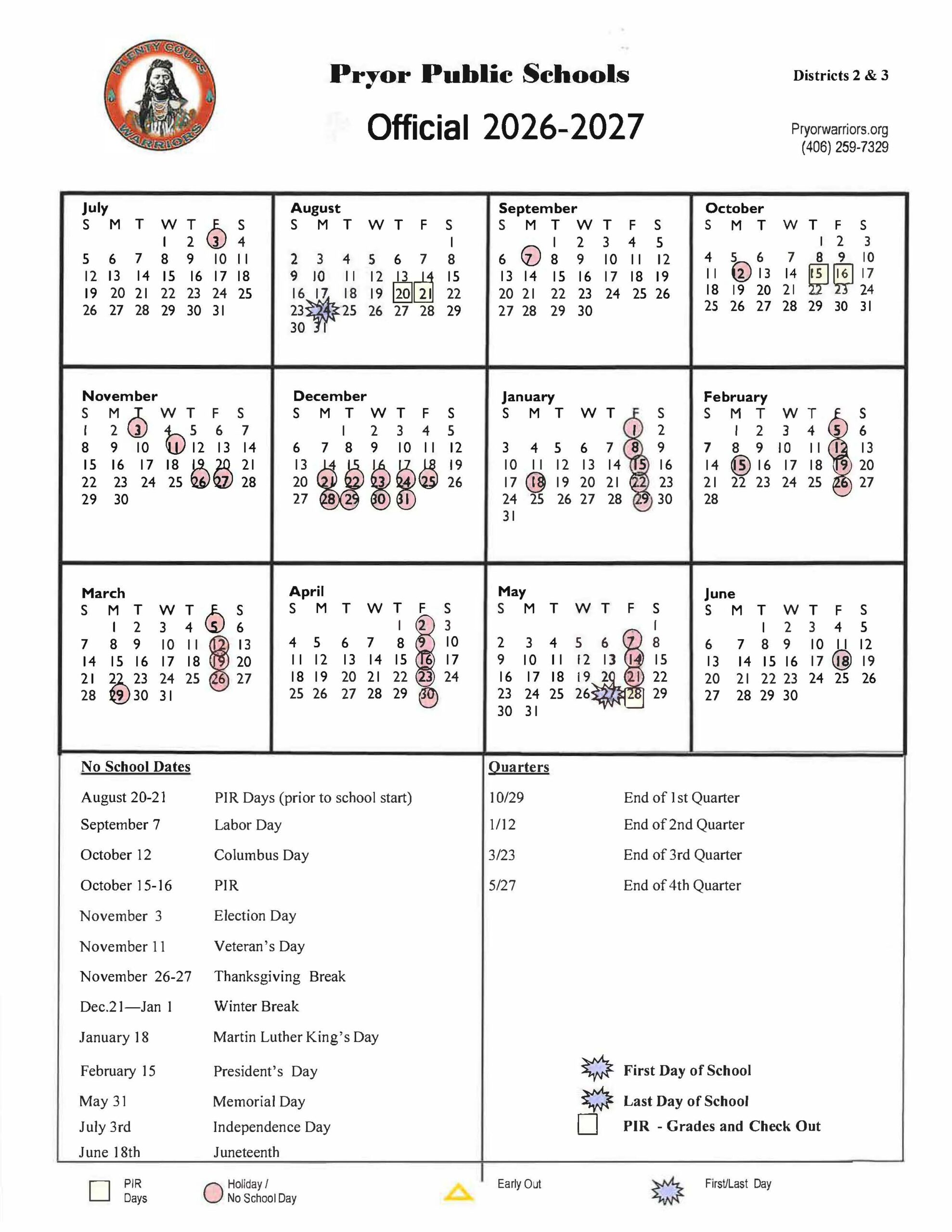 montana pryor public schools calendar 2026